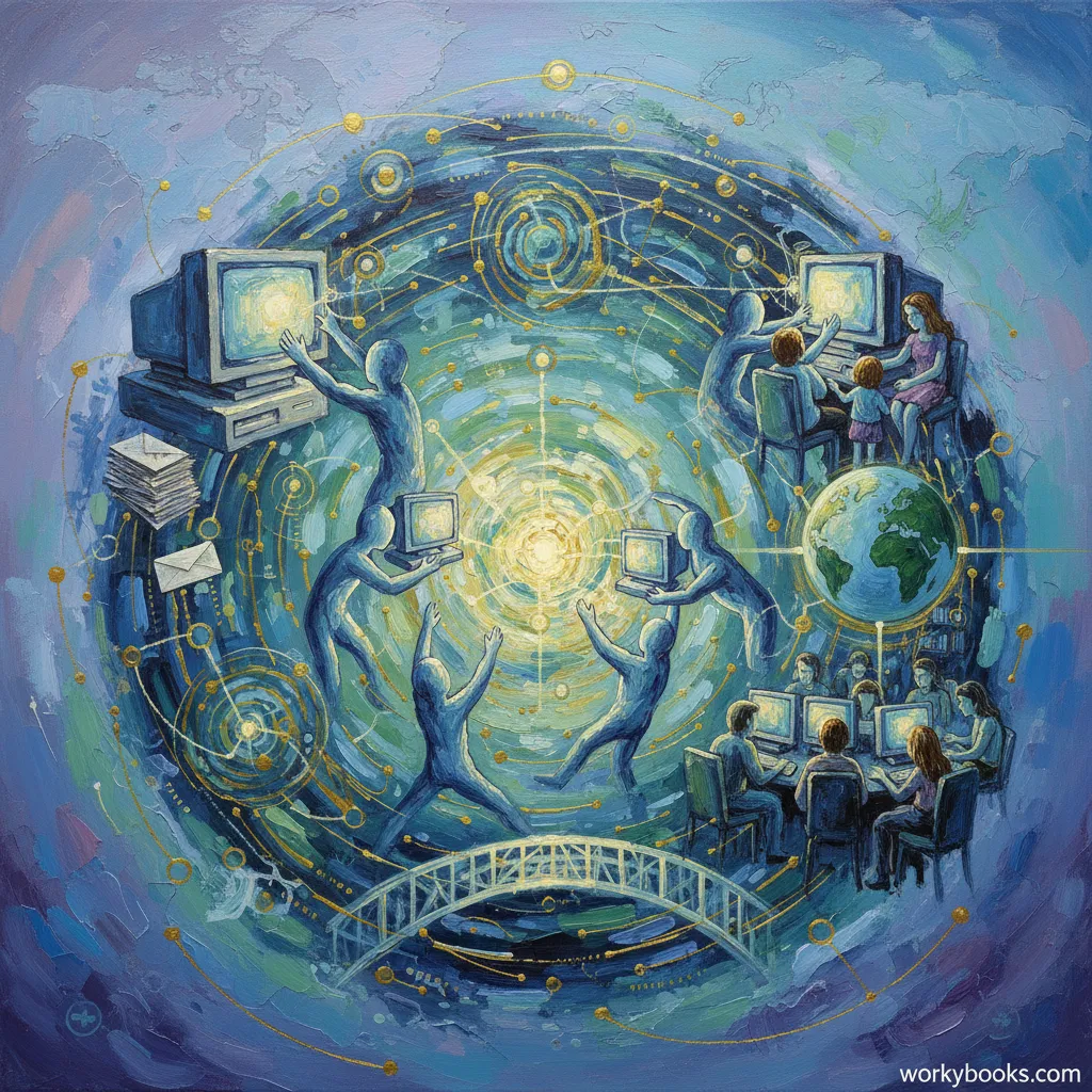 Acrylic painting depicting people connecting through a global network of computers.