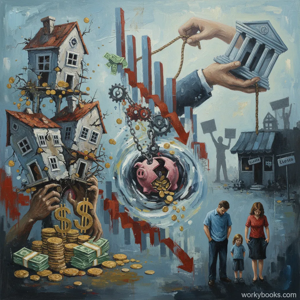 A family in crisis, collapsing houses, broken piggy bank, and a struggling economy.