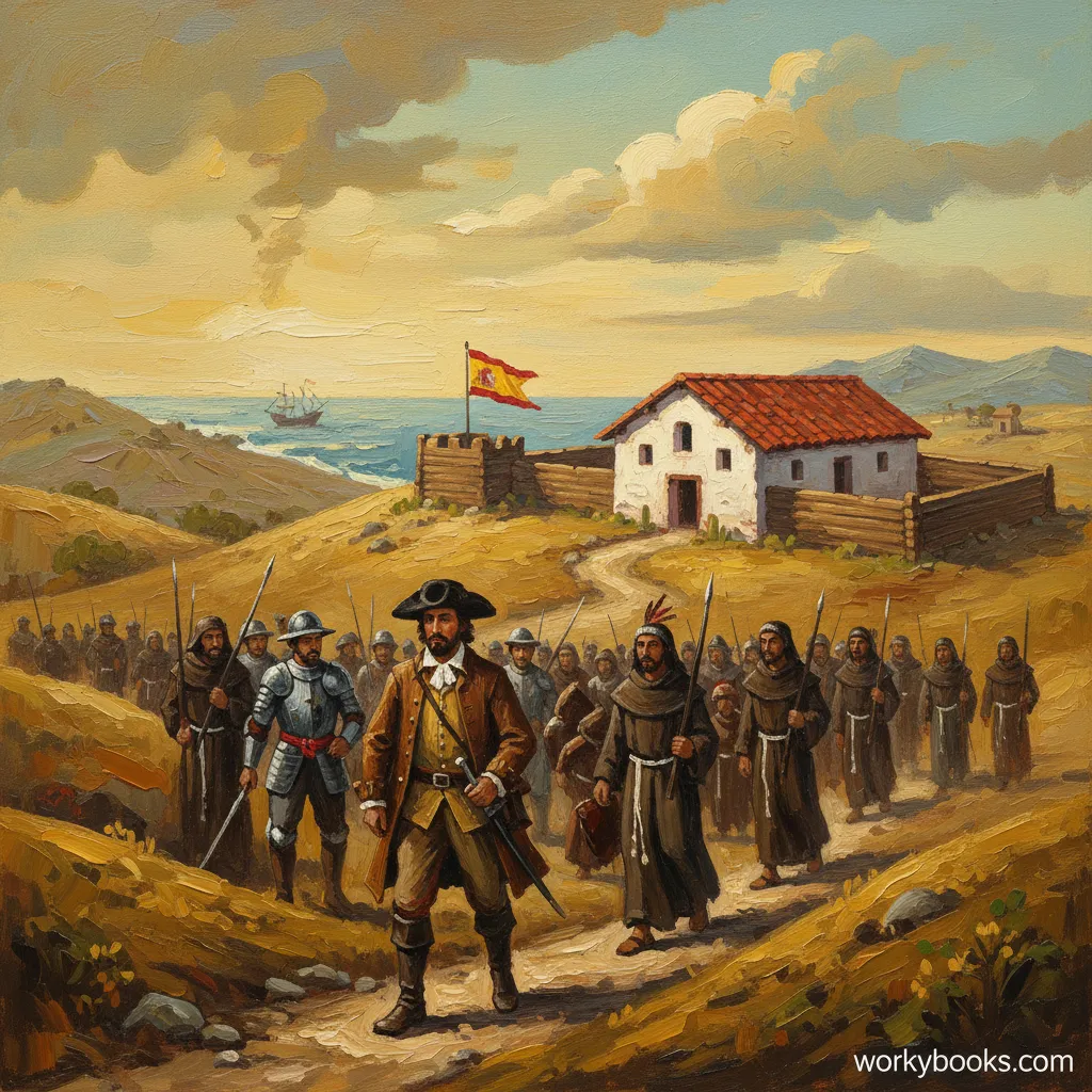 The Portolá Expedition: Spanish soldiers, priests, and Native helpers journeying through California.