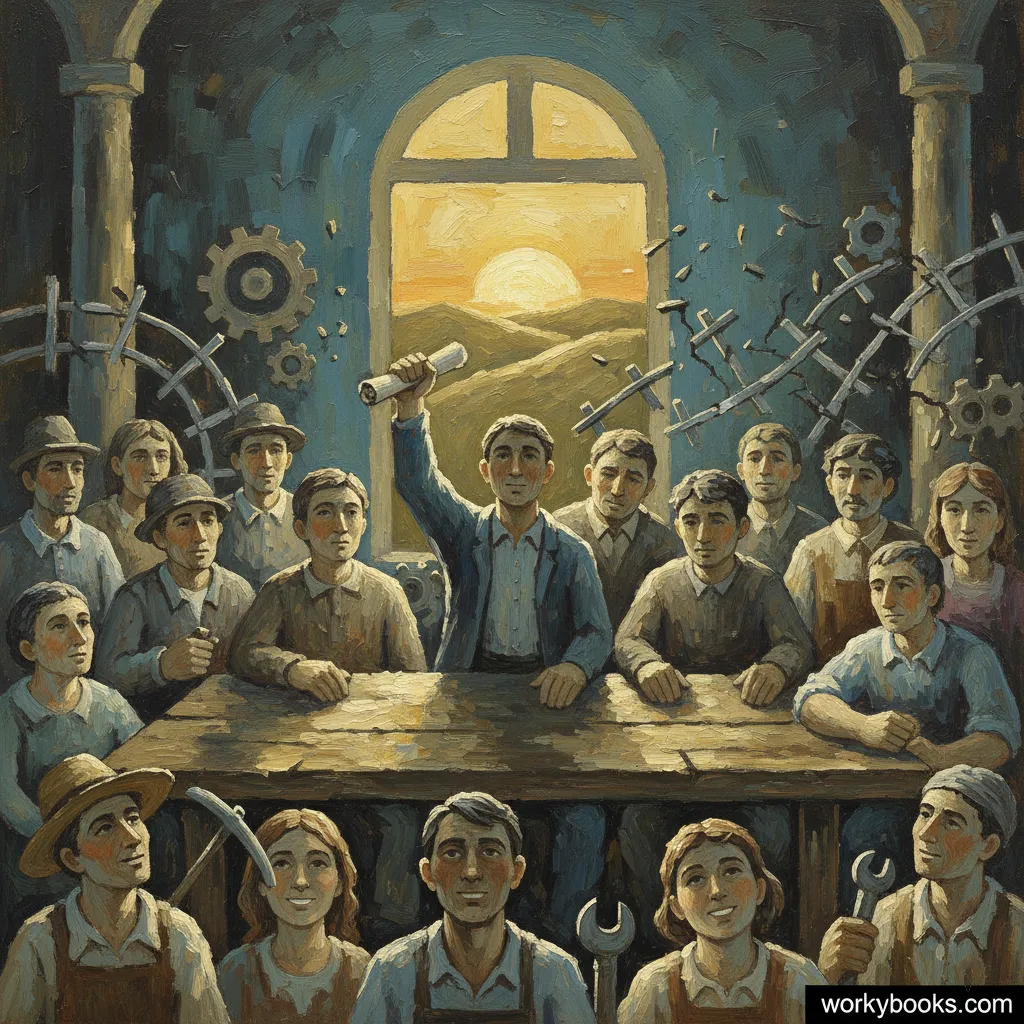 People gather around a table, one person holding a scroll triumphantly.