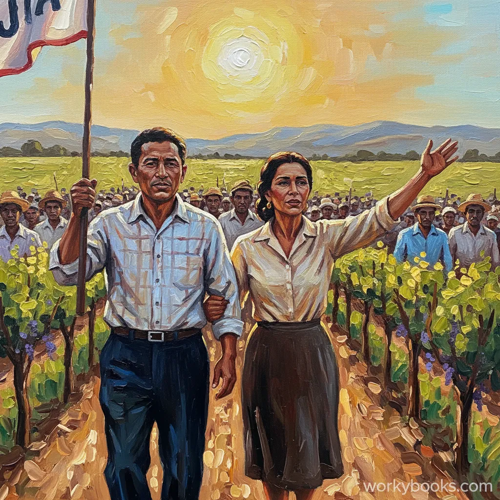Cesar Chavez and Dolores Huerta lead a march through grape fields.