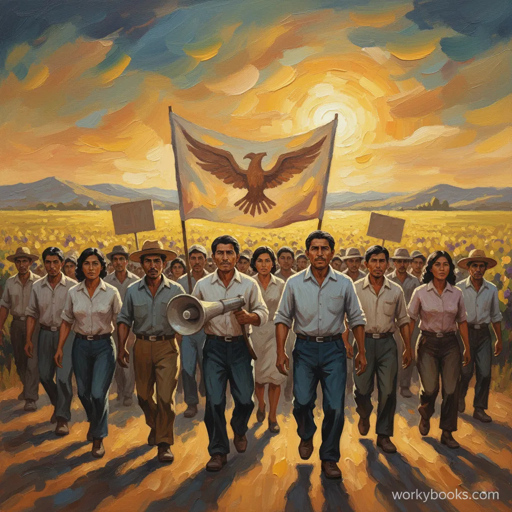 Farmworkers march under a UFW flag at sunset, led by two figures.