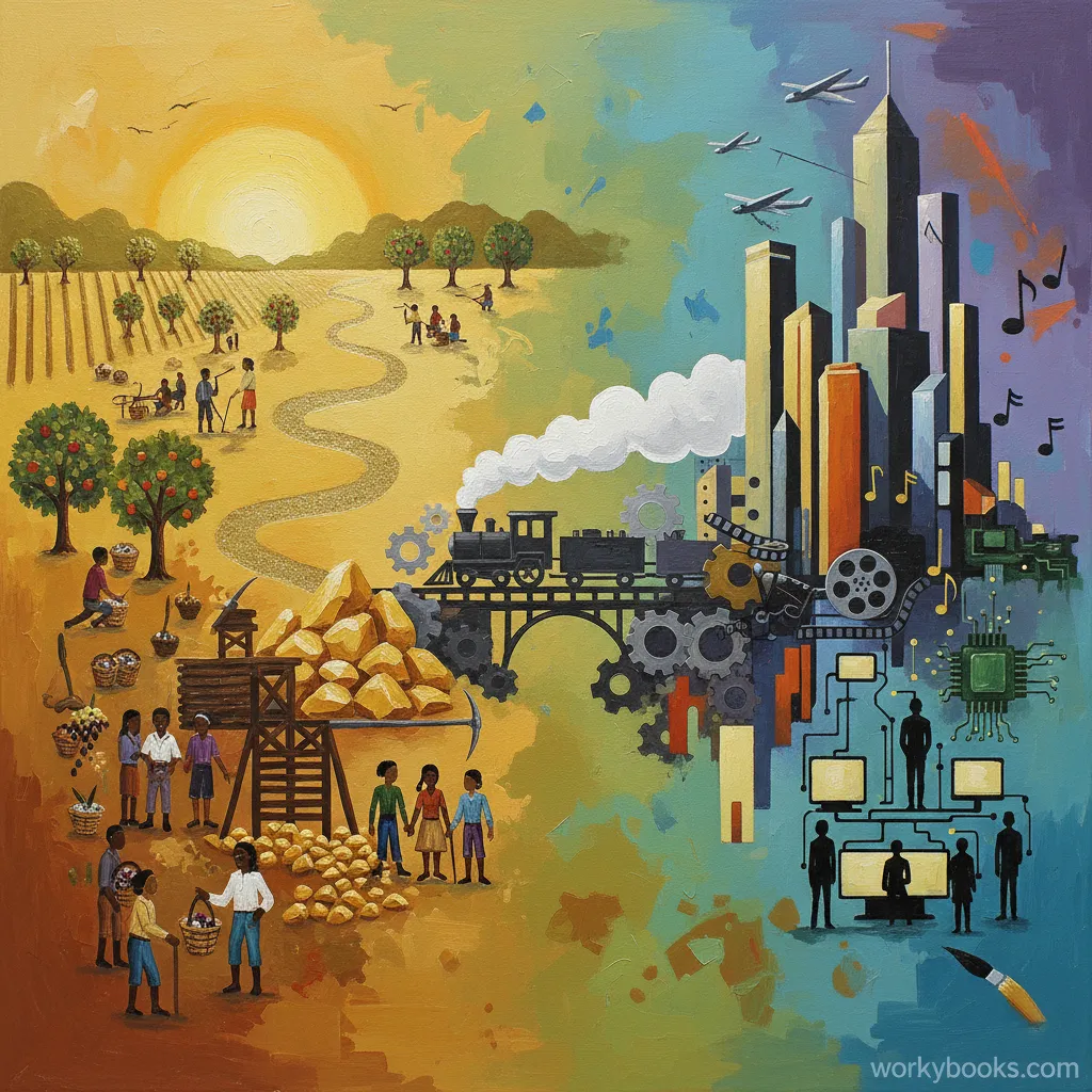 An acrylic painting shows California's economic evolution from farming to technology and diversity.