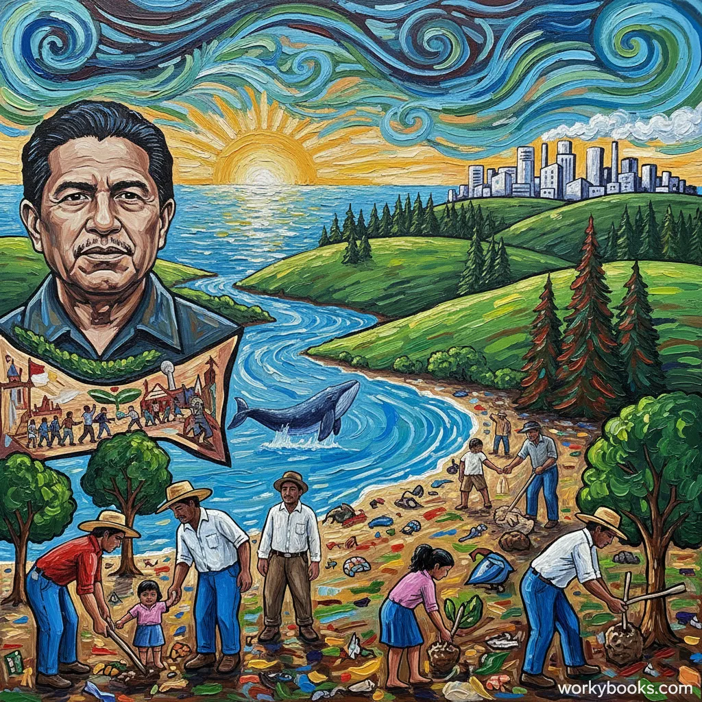 Acrylic painting of Cesar Chavez overlooking a diverse community cleaning California's environment.