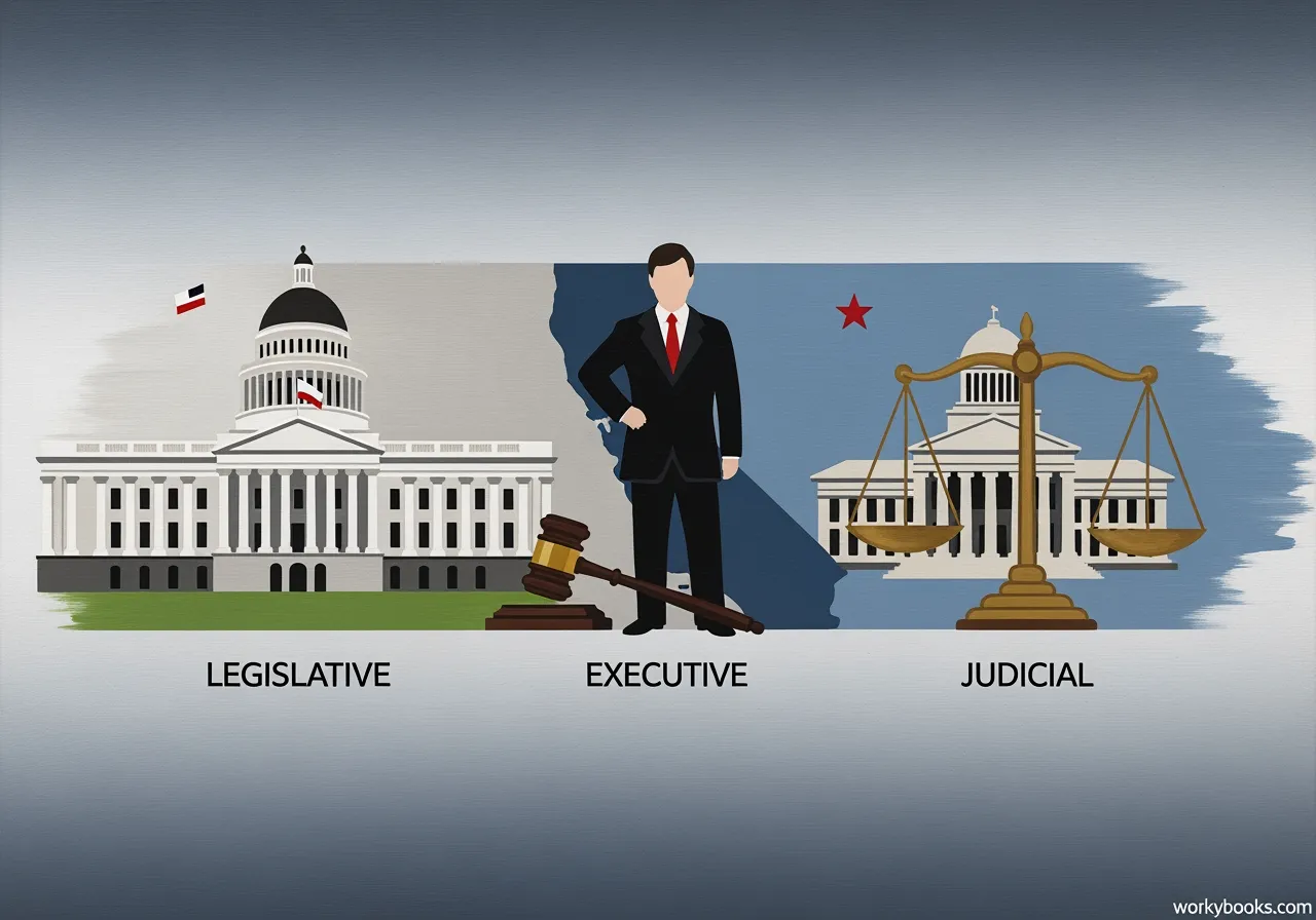 Acrylic painting illustrating California's three branches in a 