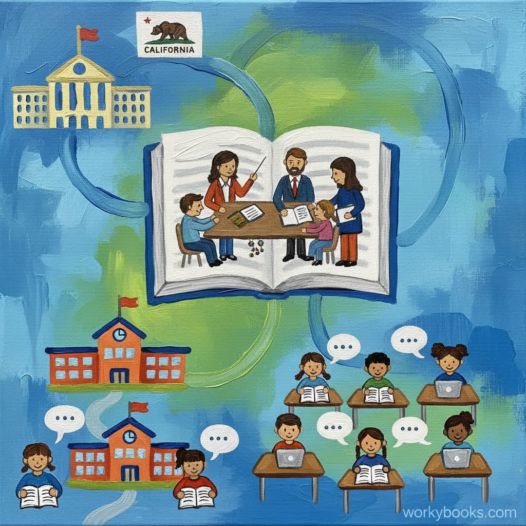 An acrylic painting illustrating the various groups involved in creating school curriculum.