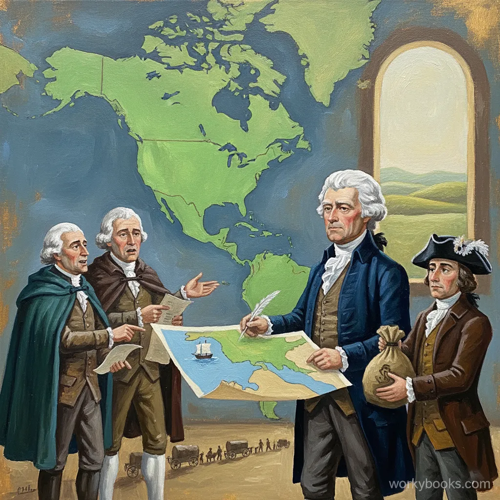 An acrylic painting depicts Thomas Jefferson and advisors with a map.