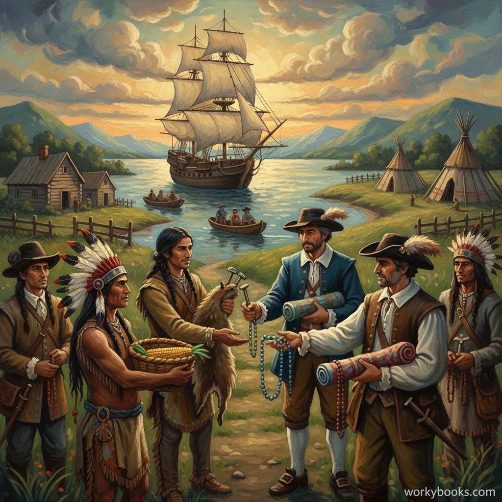 Acrylic painting of Native Americans and Europeans trading goods by a lake.
