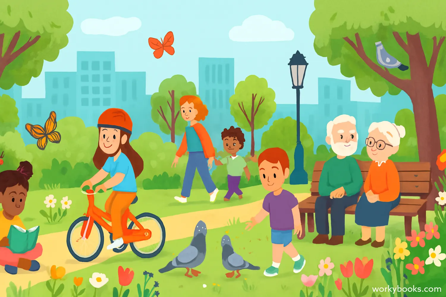 Illustration of a city park with various plants, birds, insects, and small mammals coexisting with urban structures