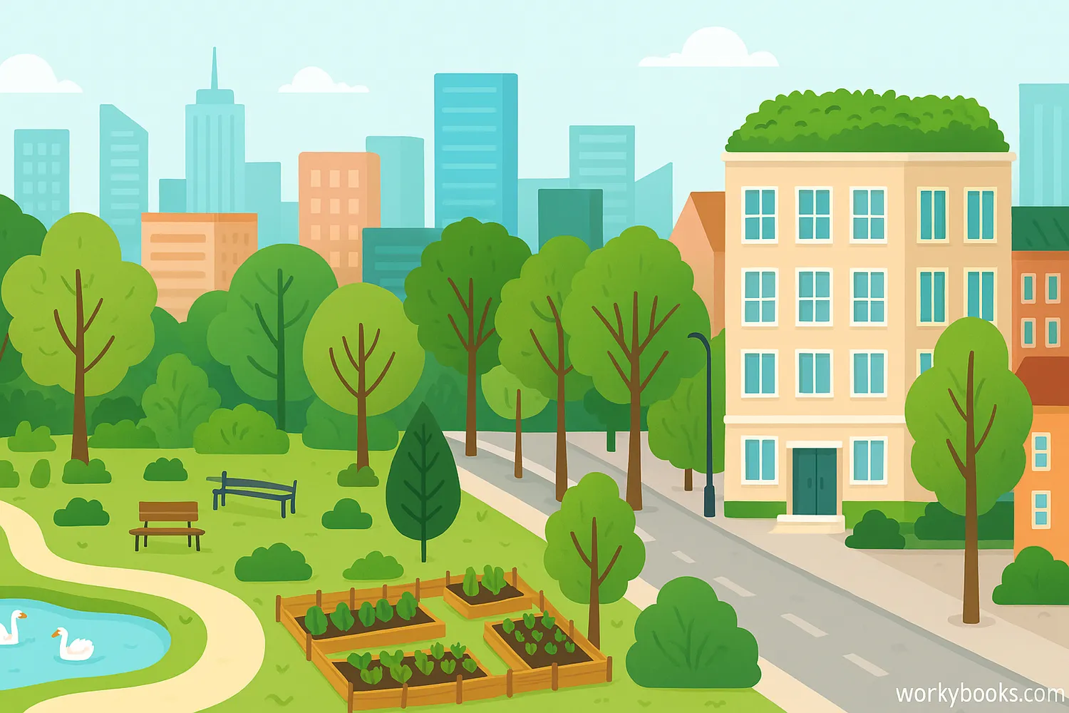 Illustration showing various urban green spaces including parks, community gardens, street trees, and green roofs on buildings