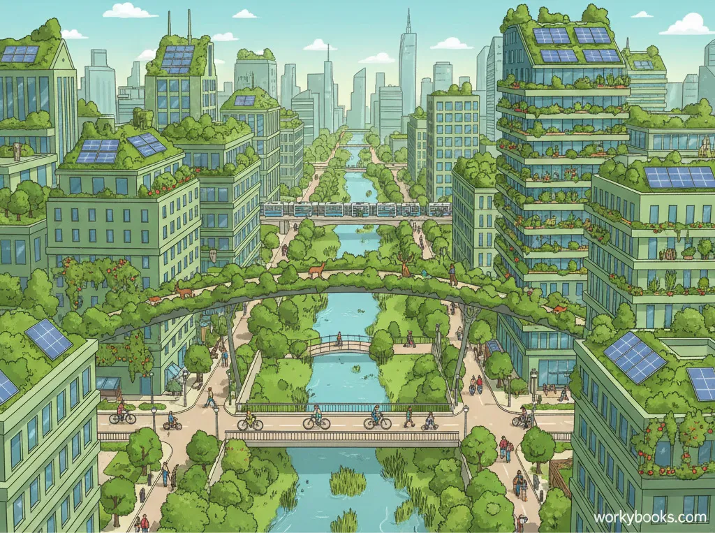 Illustration of a sustainable city with green roofs, solar panels, urban gardens, wildlife crossings, and connected green spaces