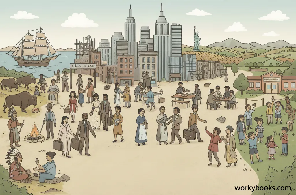 Diverse people from various cultures gather in an American landscape.