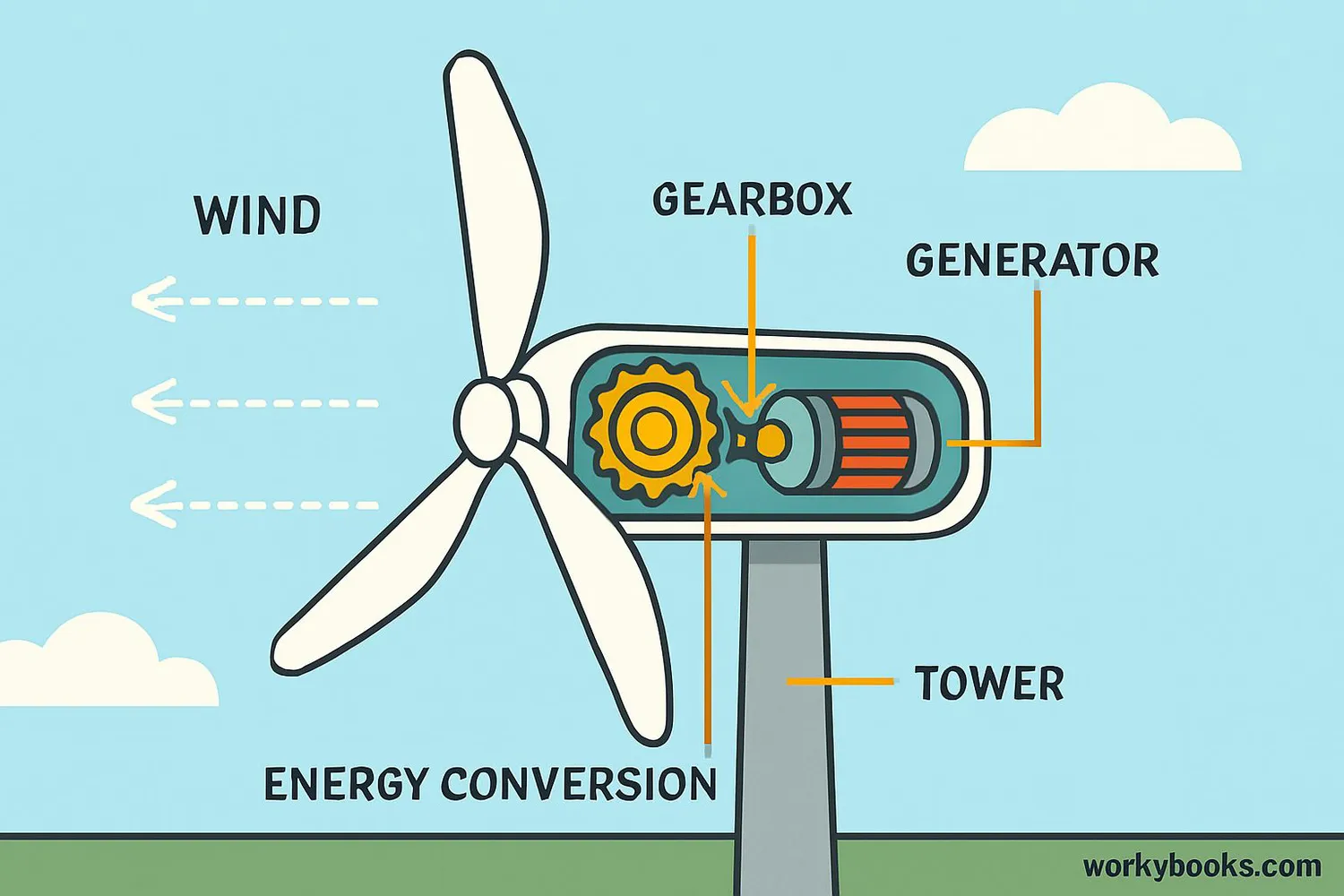 Diagram showing the inside of a wind turbine with wind turning blades connected to a generator
