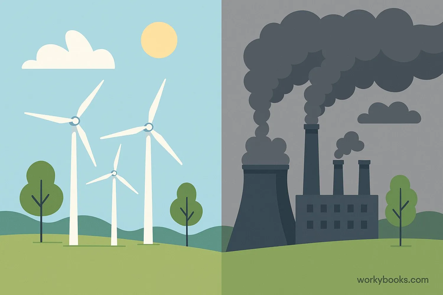 Illustration comparing clean wind energy to polluting fossil fuel energy