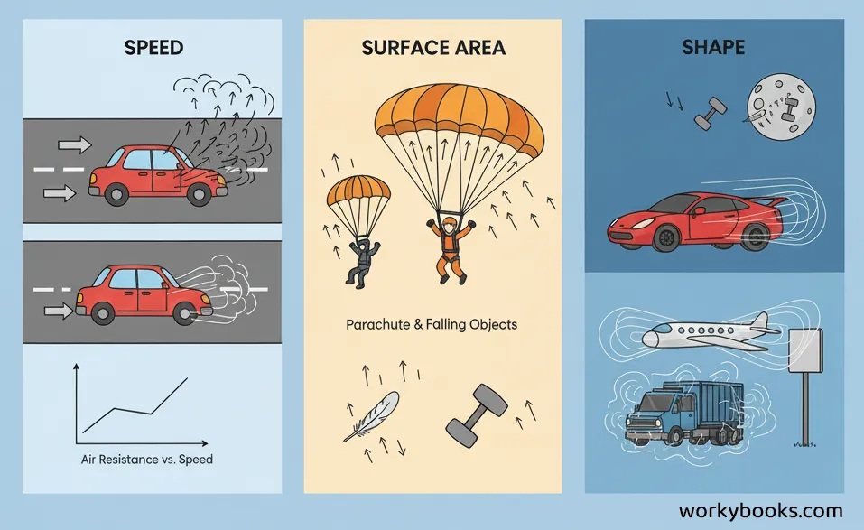 An educational illustration depicting factors affecting air resistance and terminal velocity.