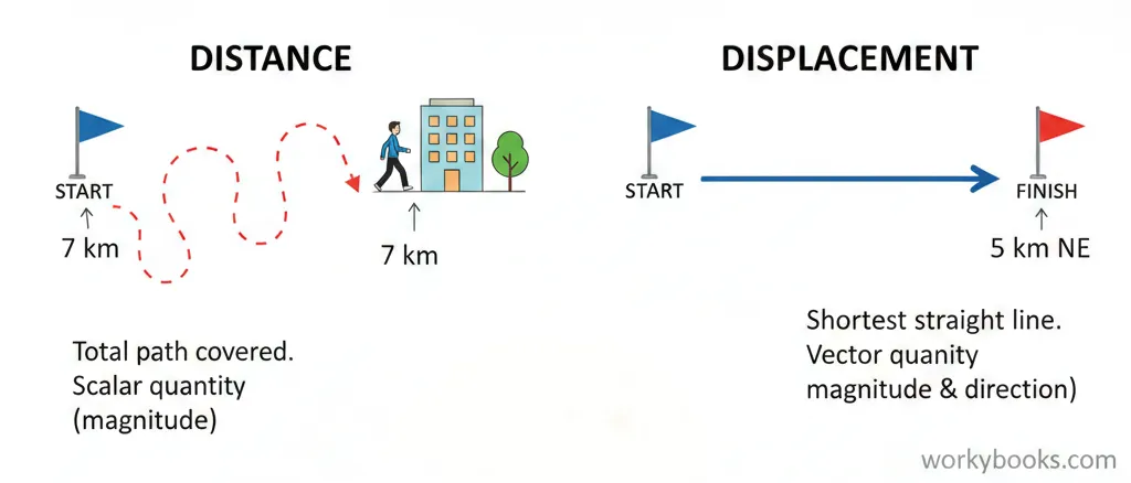 comparing distance and displacement with examples of a runner, walking paths, and city blocks.