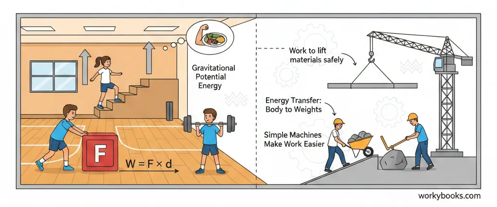 Illustration showing work in physics: force, distance, energy, and real-world applications.