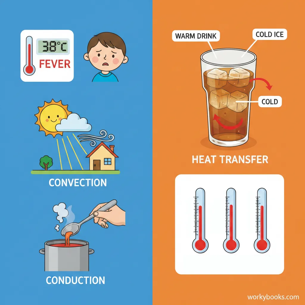 Illustration explaining heat, temperature scales, and transfer via conduction and convection.
