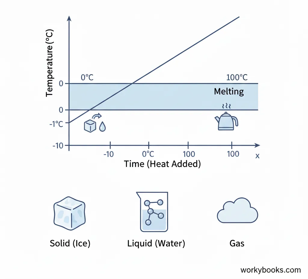 Illustration showing a heating curve with ice, water, and steam states.