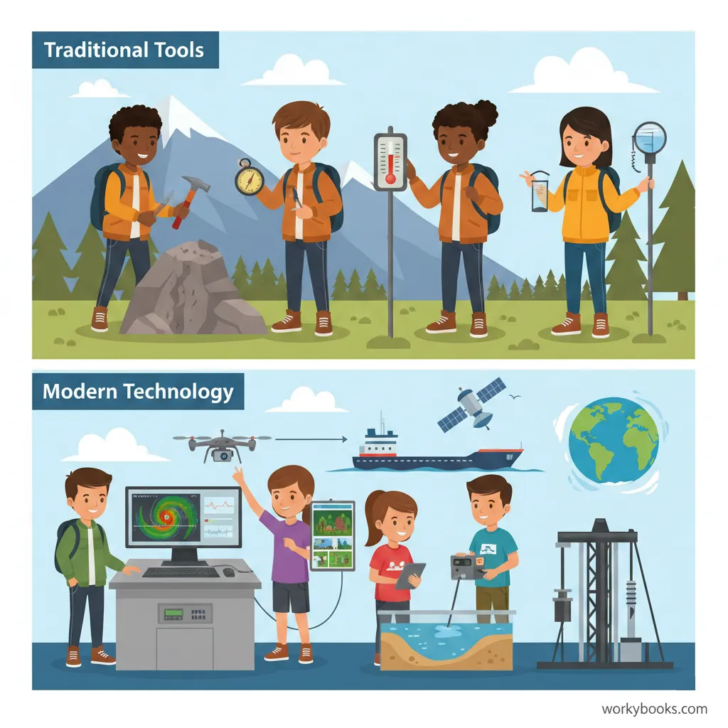 Traditional tools versus modern technology in Earth Science fields.