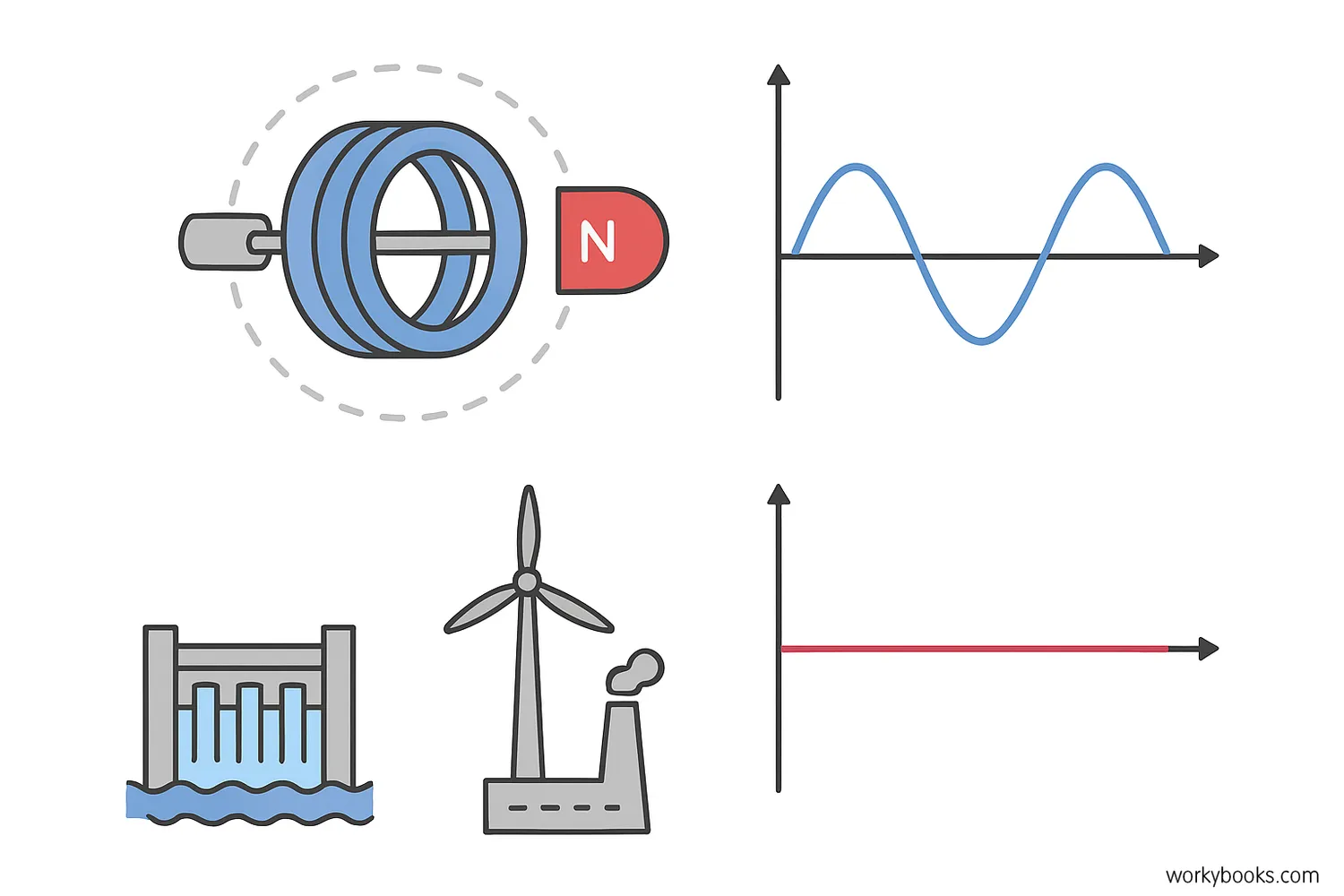 Generator with AC sine wave, DC line, and power sources.