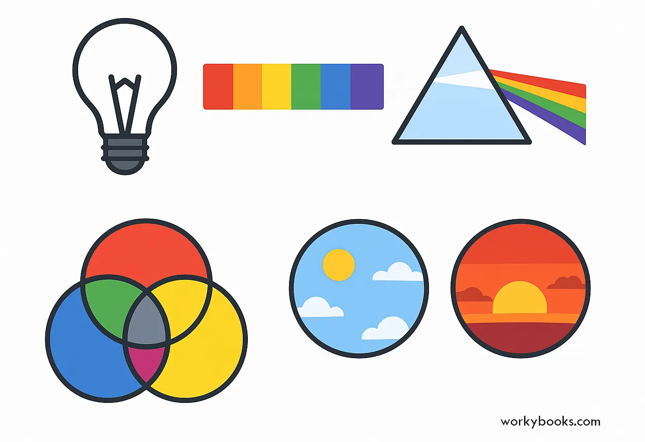 Prism splits white light; RGB and CMY mix; sky scenes.