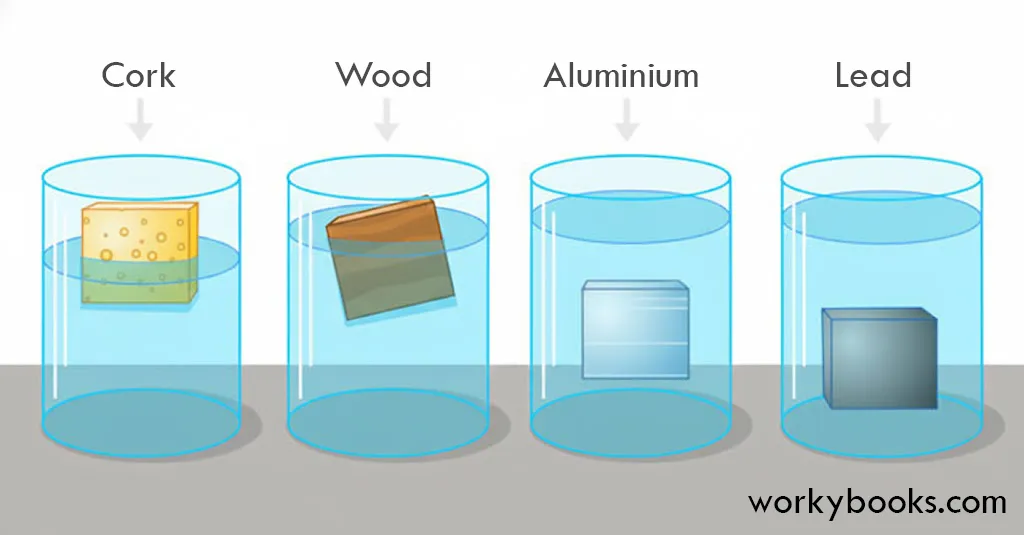 Cork, wood, aluminium, lead blocks submerged in water containers.