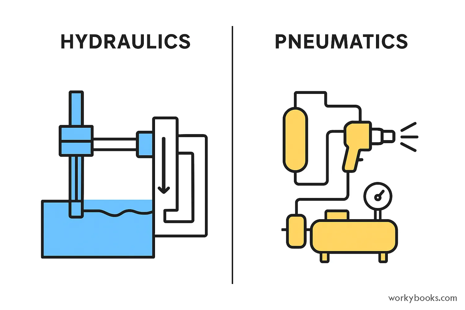 Hydraulic and pneumatic systems showing force transfer with labeled components.