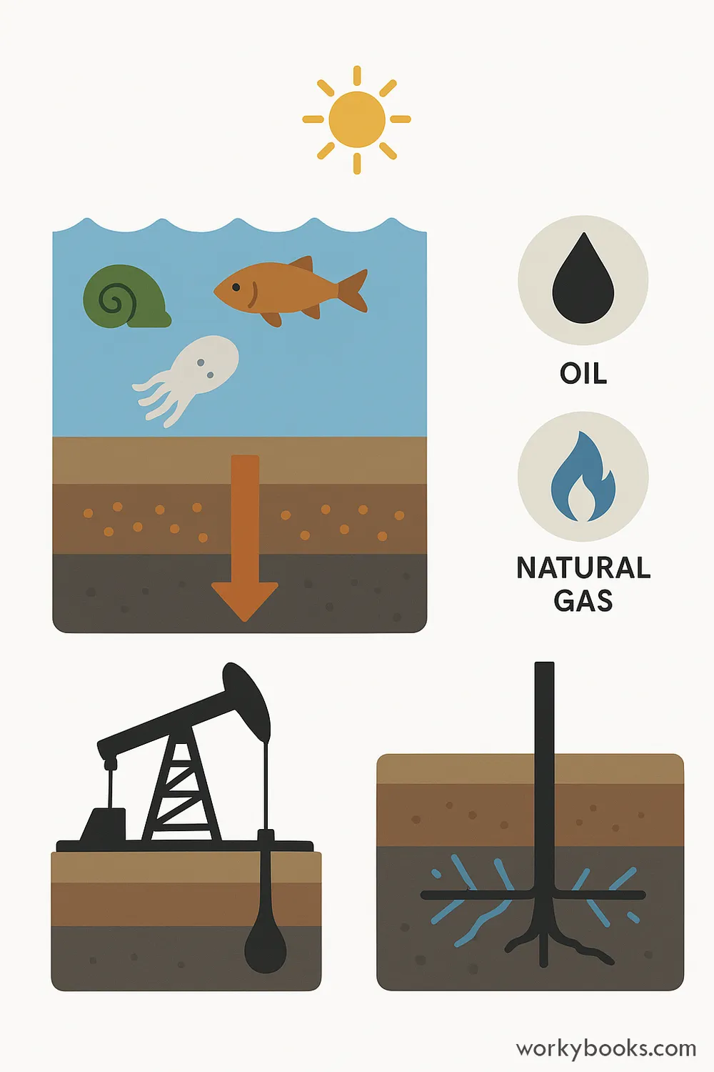 Marine organisms transform into oil and gas, extracted by drilling and fracking.