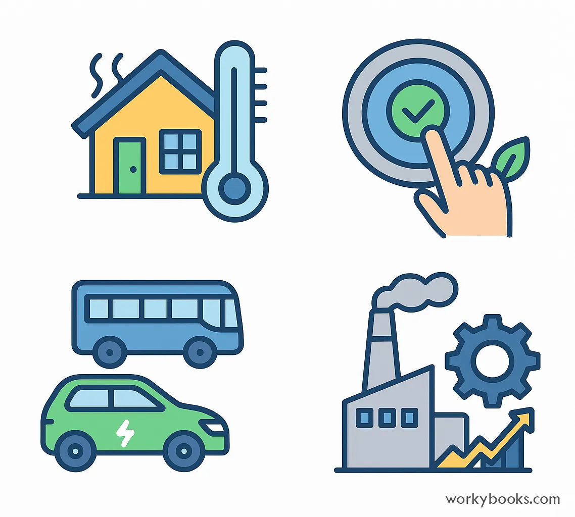 House, thermostat, vehicles, bus, factory, gear, arrow, chart.