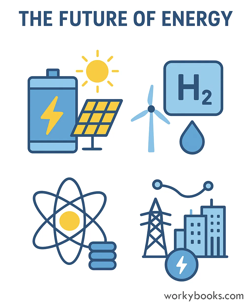 Icons of future energy: battery, hydrogen, fusion, smart grid, solar.