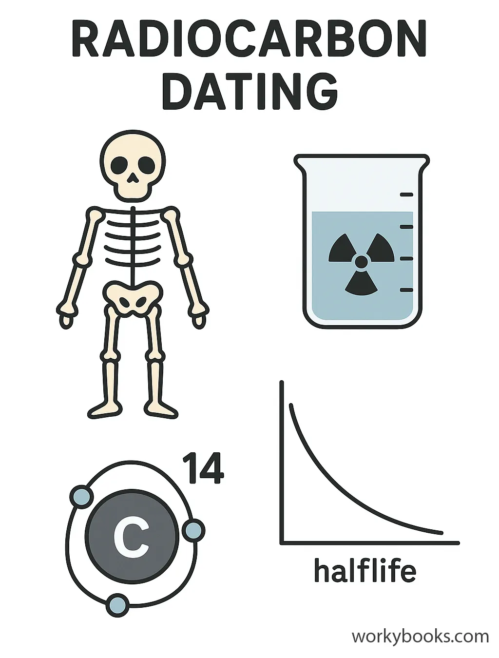 Radiocarbon dating infographic with labeled atom, decay, samples, and comparisons.
