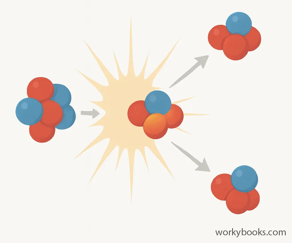 Two nuclei fuse, releasing energy and forming new particles.