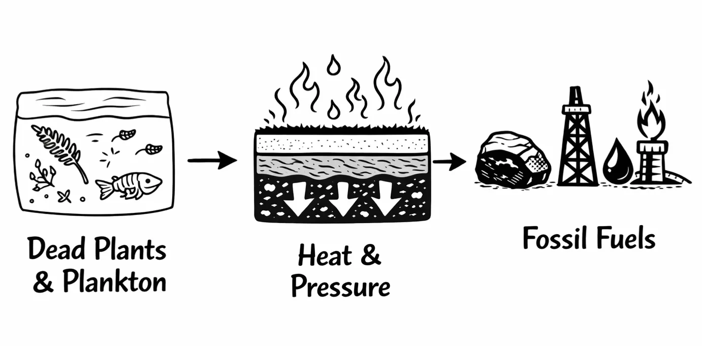 Diagram shows buried plants changing into coal, oil, and natural gas.