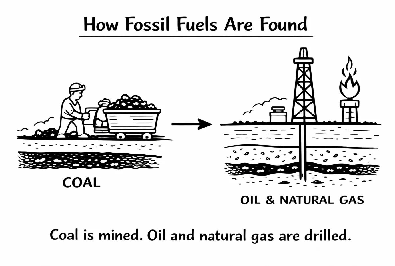Line drawing shows coal mining and oil, natural gas drilling underground.