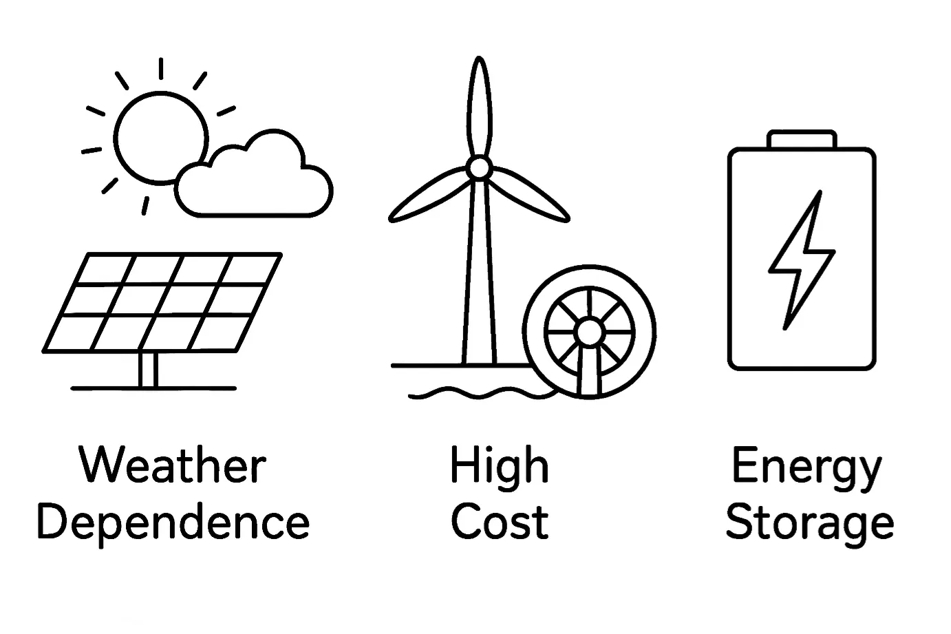 Cloudy sun, still wind turbine, battery show renewable energy challenges.