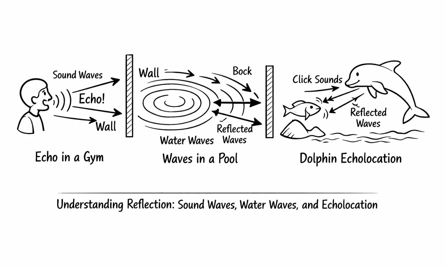 Black white line drawing of waves bouncing off walls and dolphin.
