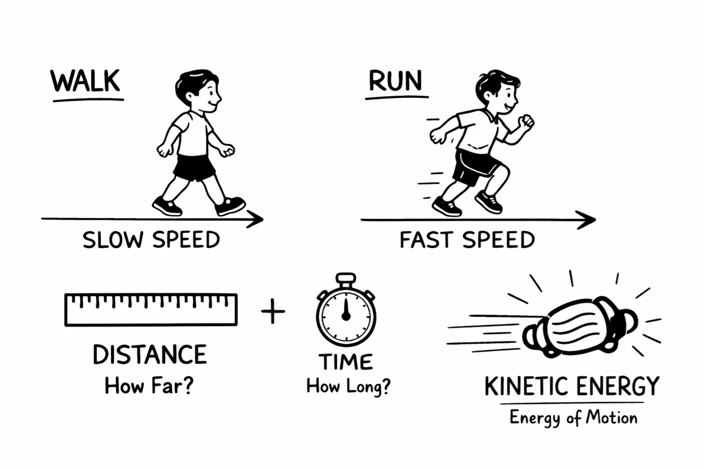 Simple line drawing comparing walking, running, distance, time, energy