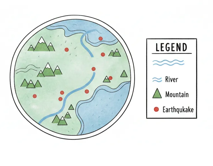 Children studying a watercolor map with a legend to find patterns.