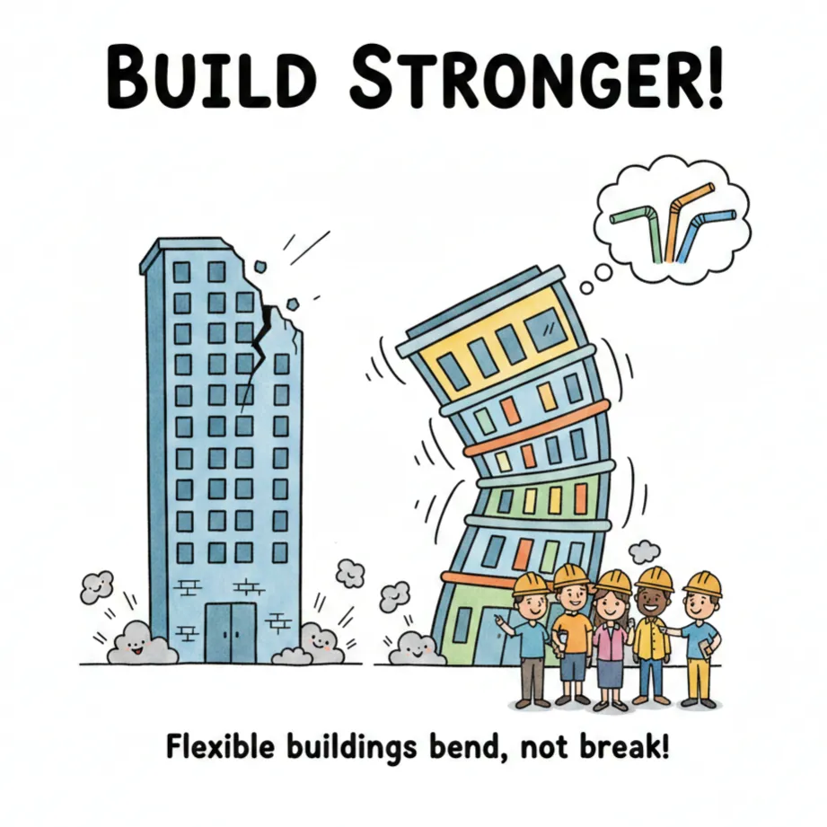 Illustration comparing a cracked rigid building to a flexible, bending skyscraper.