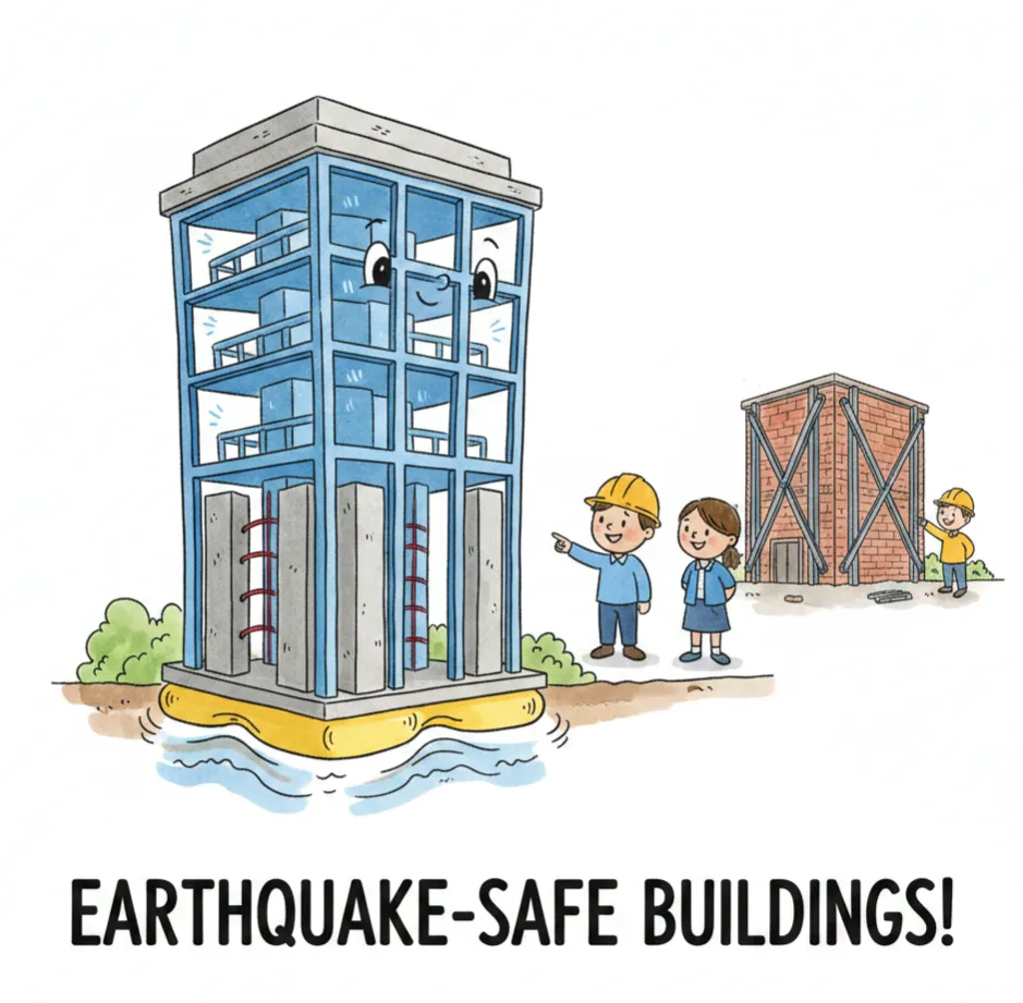 building on rubber pads shows earthquake-safe engineering to young kids.