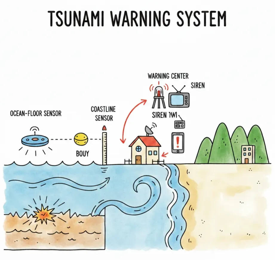 Diagram showing ocean sensors, a warning center, and coastal alerts.
