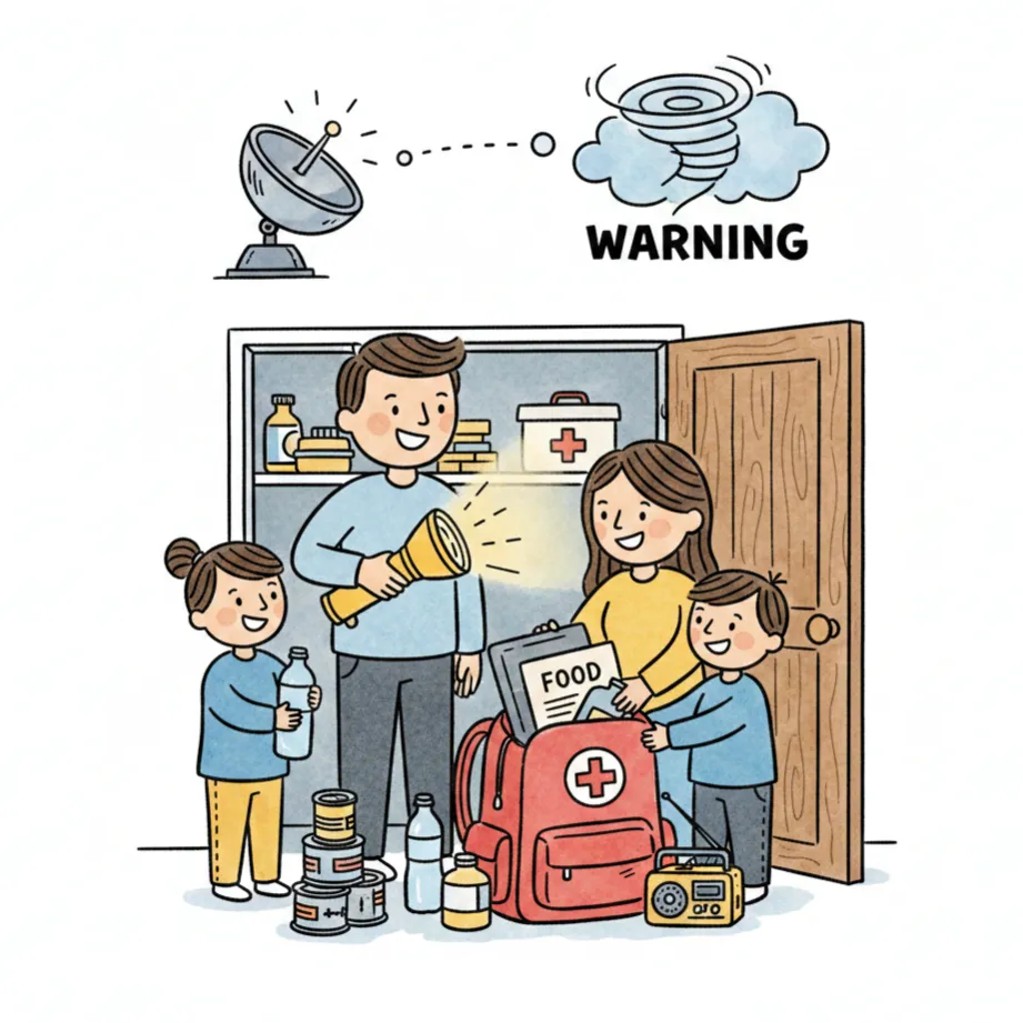 A family packing an emergency kit while a weather radar tracks storms.