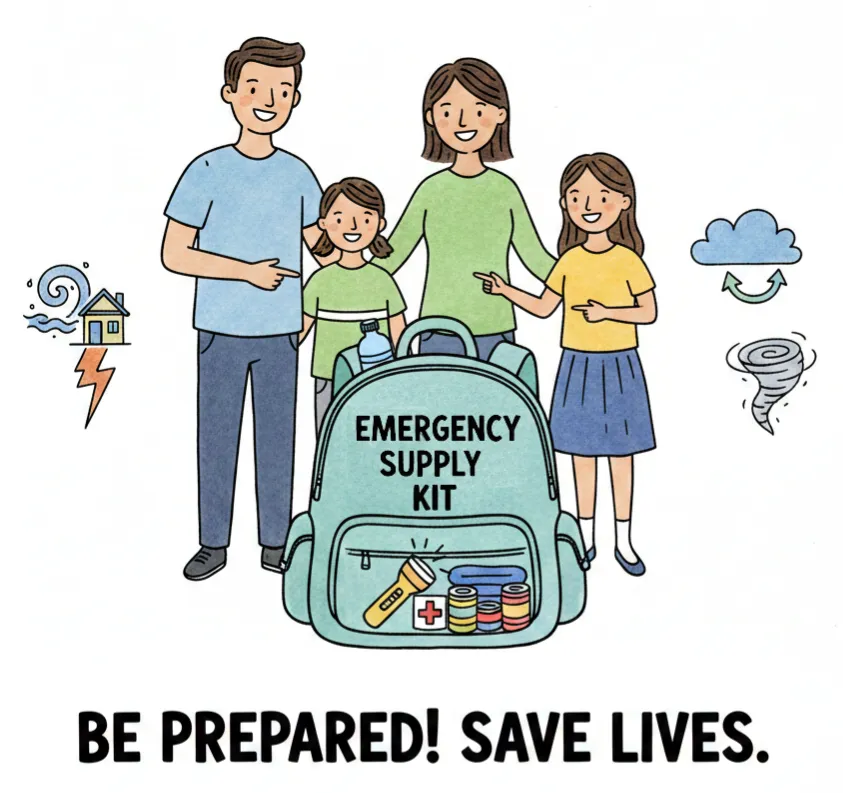 Family standing with an emergency supply kit on a white background.