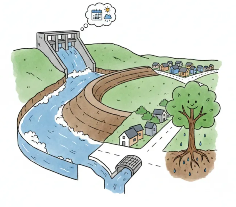 Illustration showing a dam, levee, storm drain, and tree preventing floods.
