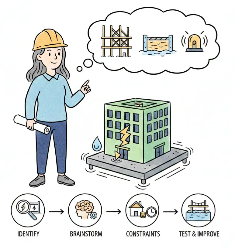 Engineer testing a model building with icons showing the design process.