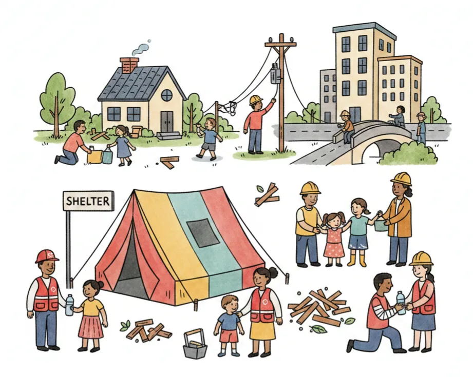 Illustration of relief workers and families rebuilding a community after a disaster.