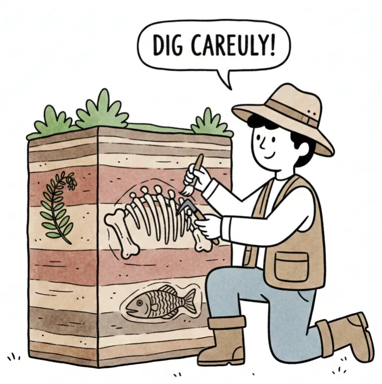 Paleontologist carefully brushing fossils in layered rock on white background.