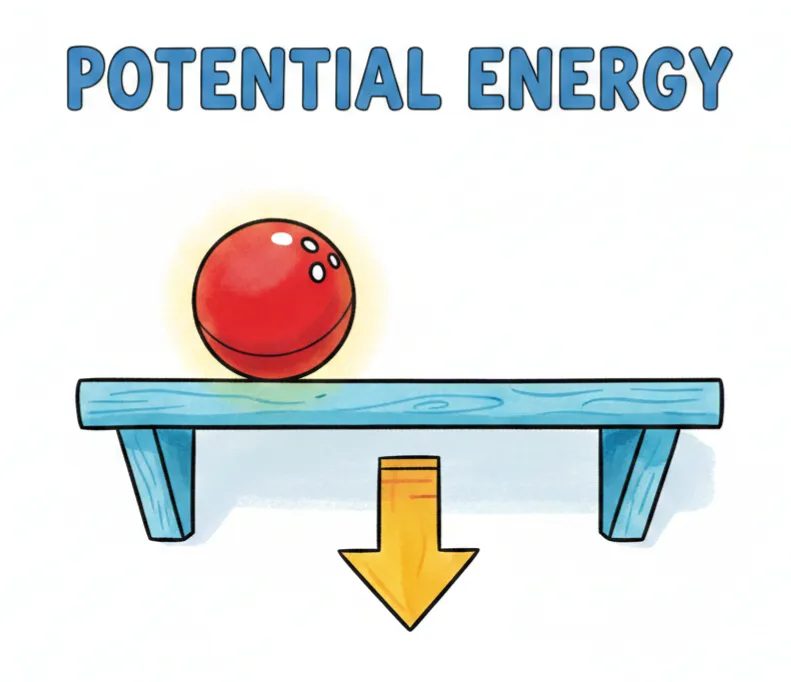 Illustration of a red ball on a shelf representing stored potential energy.