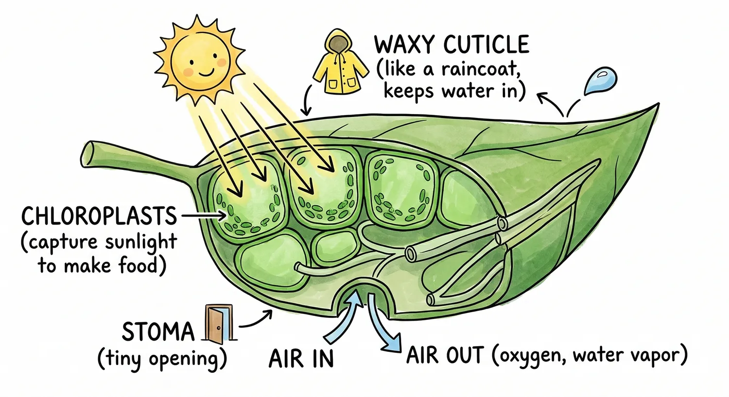 Labeled diagram showing cuticle, chloroplasts, and stomata.